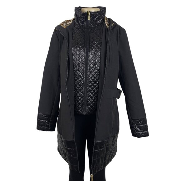 Via Spiga Black Quilted Hooded Coat With Golden Detail & Leopard Lining Szize S - Picture 3 of 13